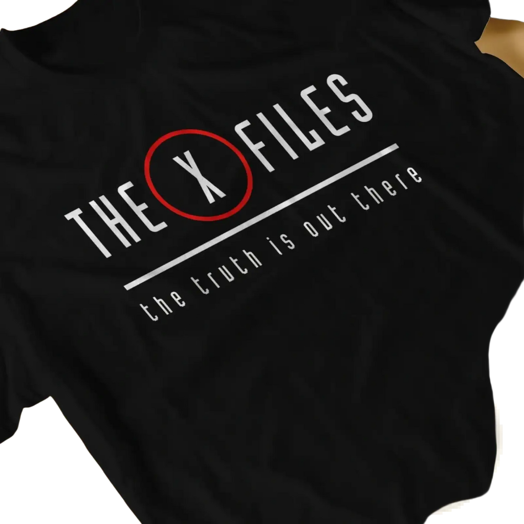 Black cotton men x-files t-shirt featuring white logo text with red circle and the tagline the truth is out there