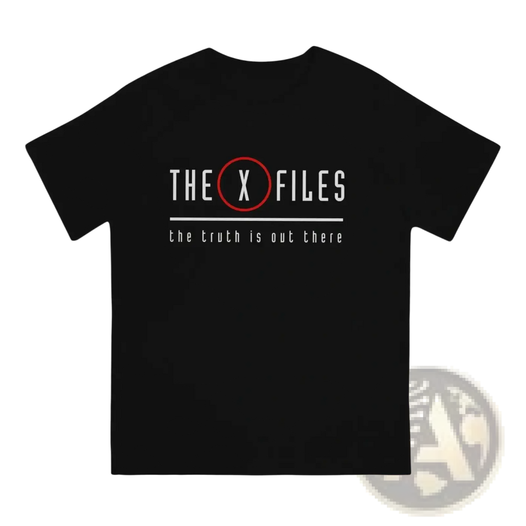 Black short-sleeved cotton men x-files t-shirt with white logo, red circle x, and the truth is out there tagline