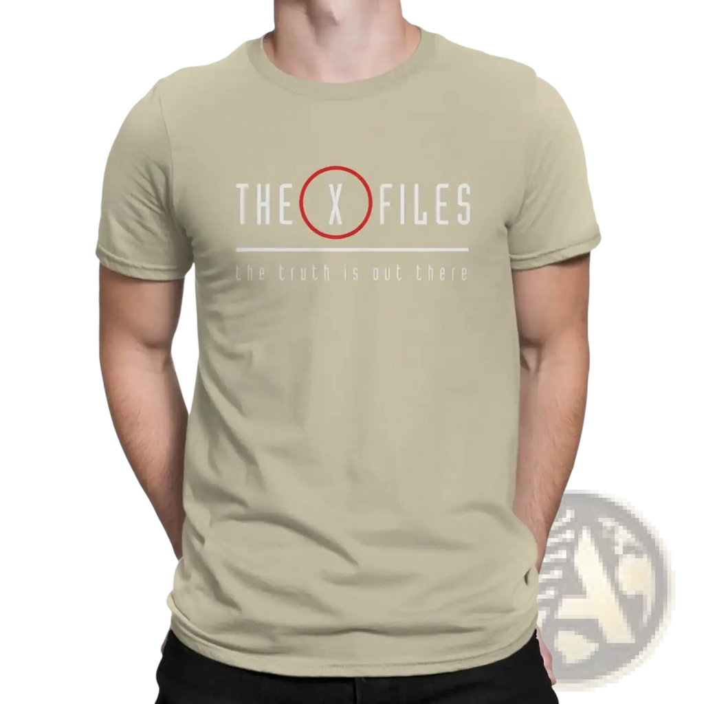 Beige short-sleeved men x-files t-shirt featuring red circle x logo and the truth is out there tagline