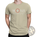 Beige short-sleeved men x-files t-shirt featuring red circle x logo and the truth is out there tagline