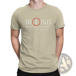 Beige short-sleeved men x-files t-shirt featuring red circle x logo and the truth is out there tagline
