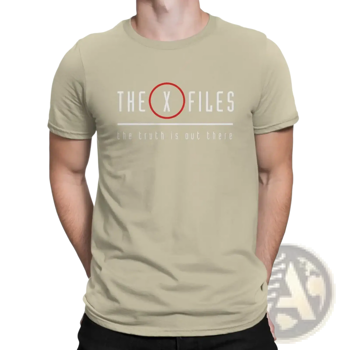 Beige short-sleeved men x-files t-shirt featuring red circle x logo and the truth is out there tagline