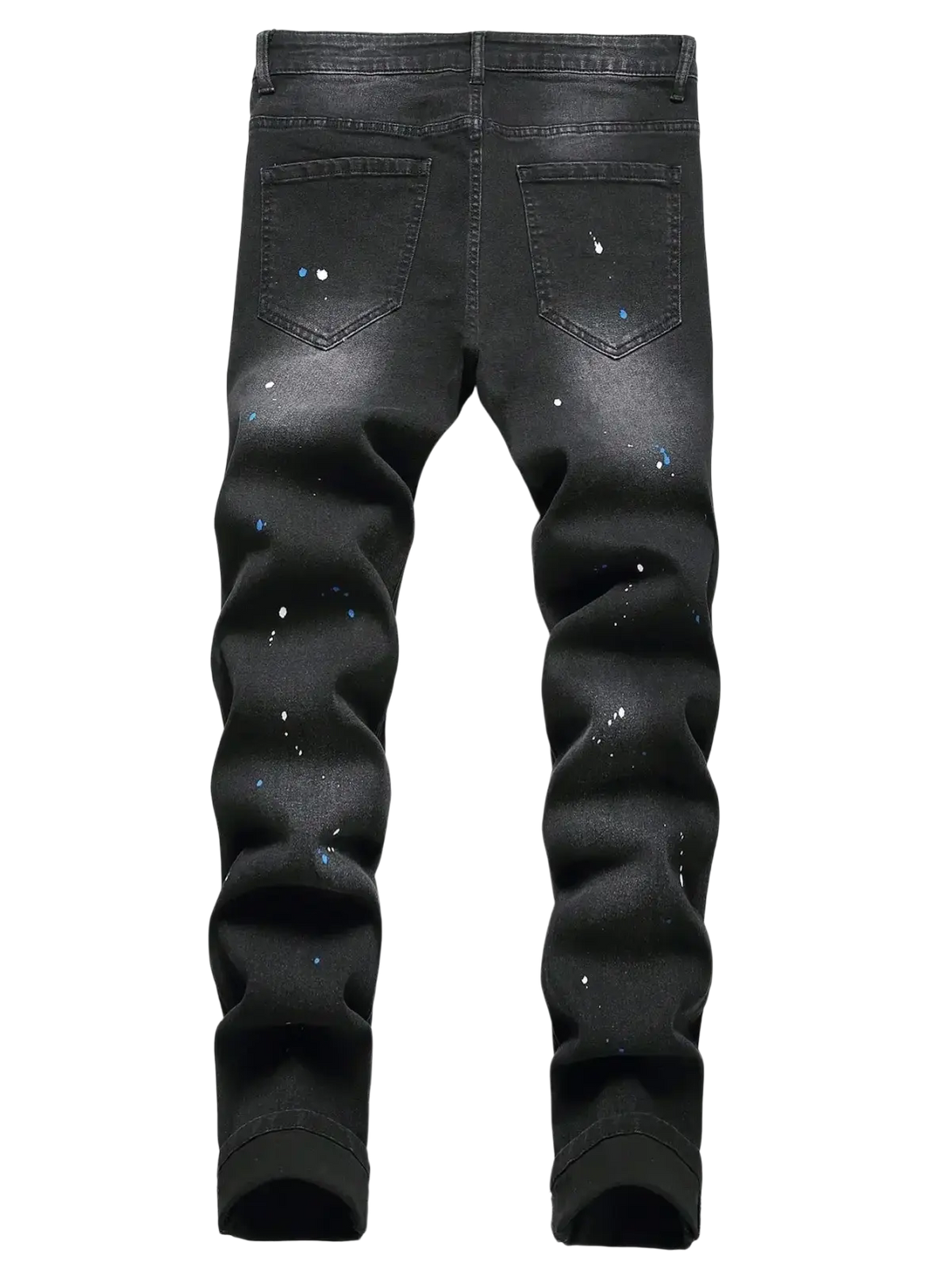 Men Y2k stretchy skinny ripped denim jeans in black with blue paint splatter accents and slim fit design