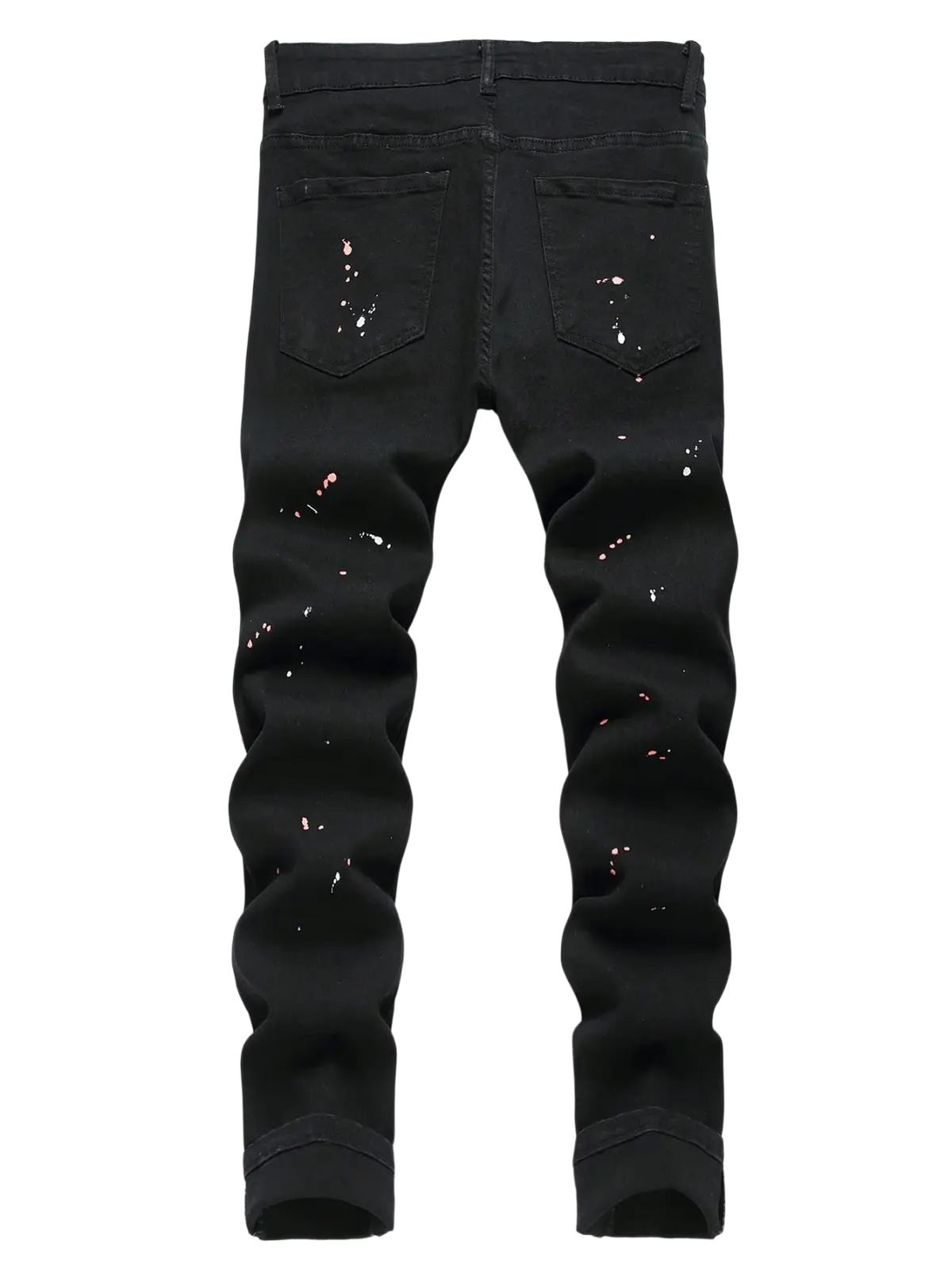 Men y2k stretchy skinny ripped black denim jeans with white and pink paint splatter accents