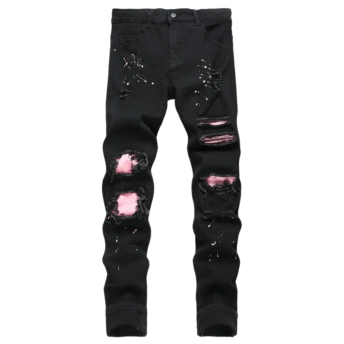 Men Y2k stretchy skinny black distressed denim jeans with multiple ripped patches, pink inner lining, and white paint splatter accents
