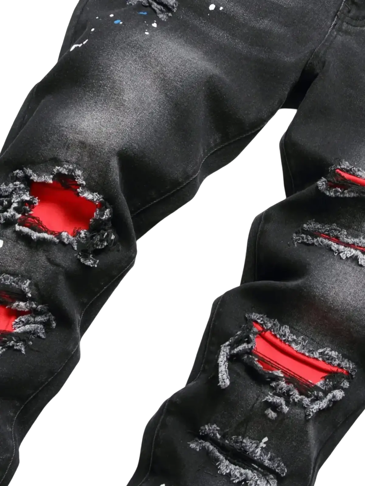 Men Y2k stretchy skinny ripped black denim jeans with red inner lining and paint splatter accents in distressed style