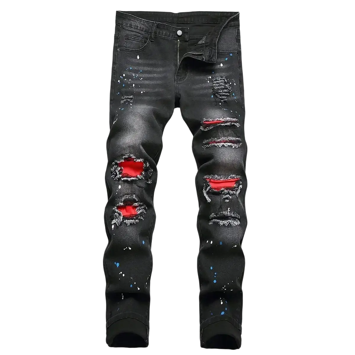 Men y2k stretchy skinny ripped denim jeans in black with distressed details bold red inner lining and blue paint splatters