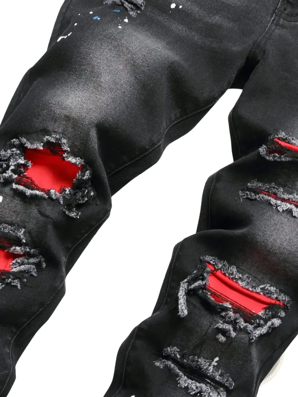 Men y2k stretchy skinny ripped denim jeans in black distressed denim with bold red inner lining and splattered paint accents
