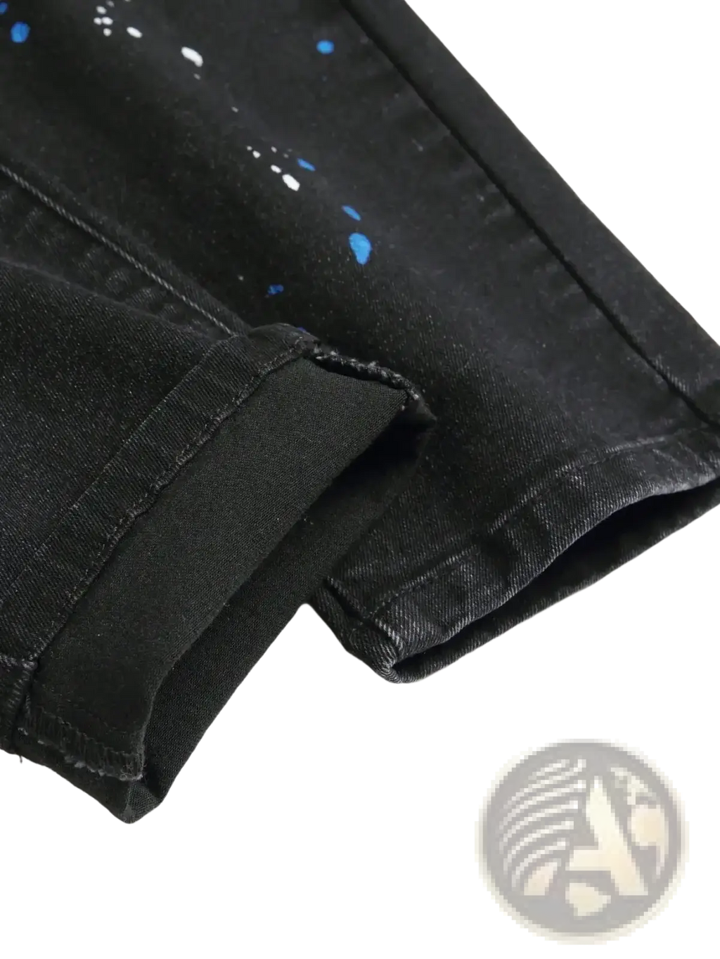 Men y2k stretchy skinny ripped black denim jeans with distressed blue and white paint splatter design
