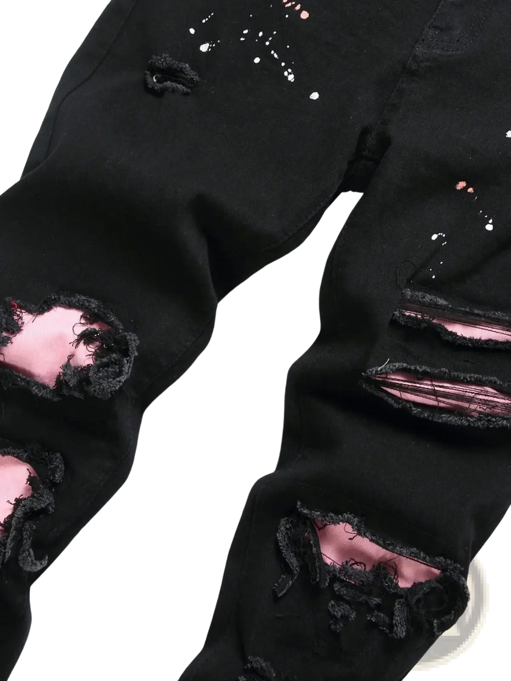 Men Y2k stretchy skinny ripped black denim jeans with pink inner lining and white paint splatter accents