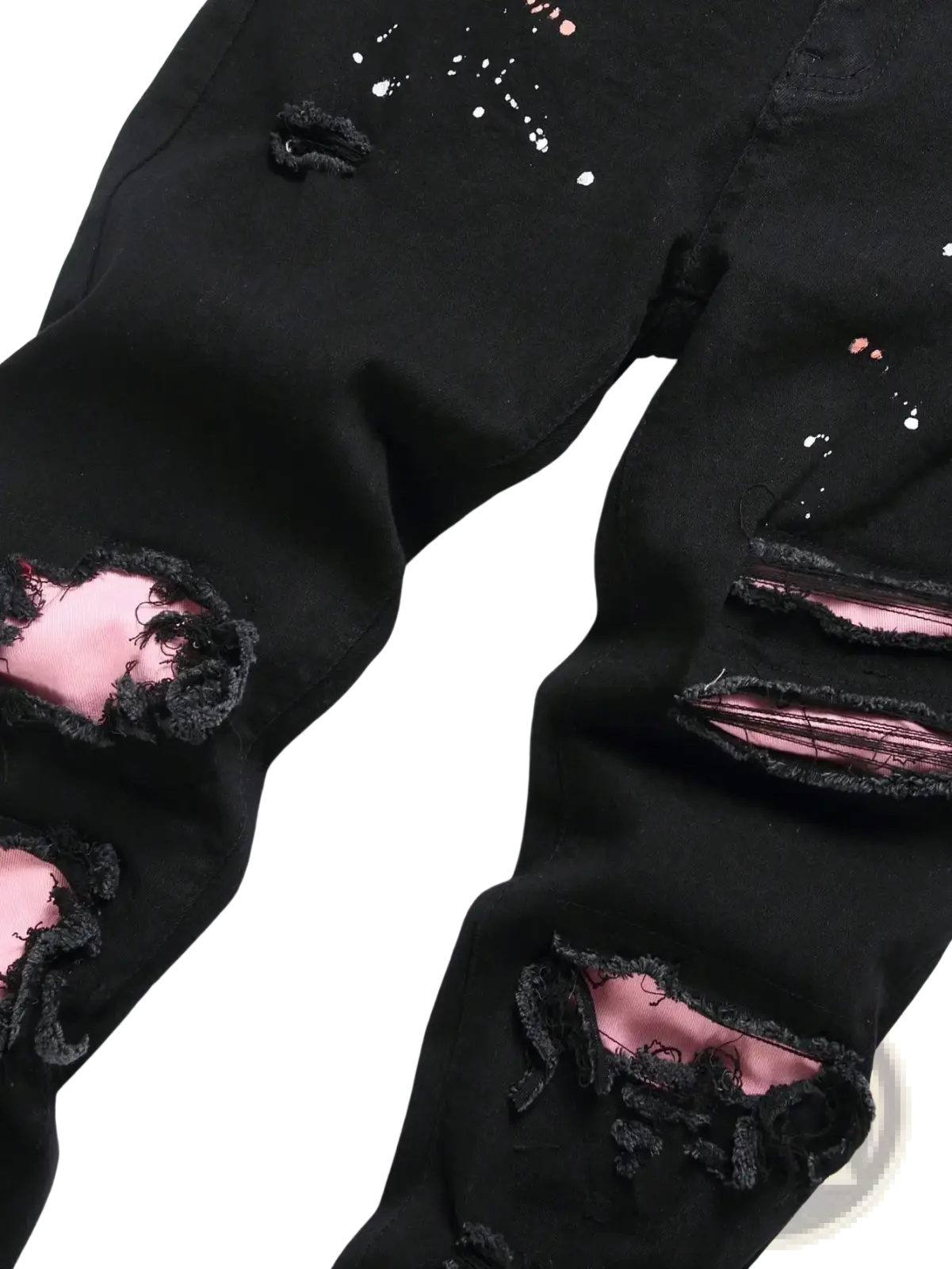 Men Y2k stretchy skinny ripped black denim jeans with pink inner lining and white paint splatter accents