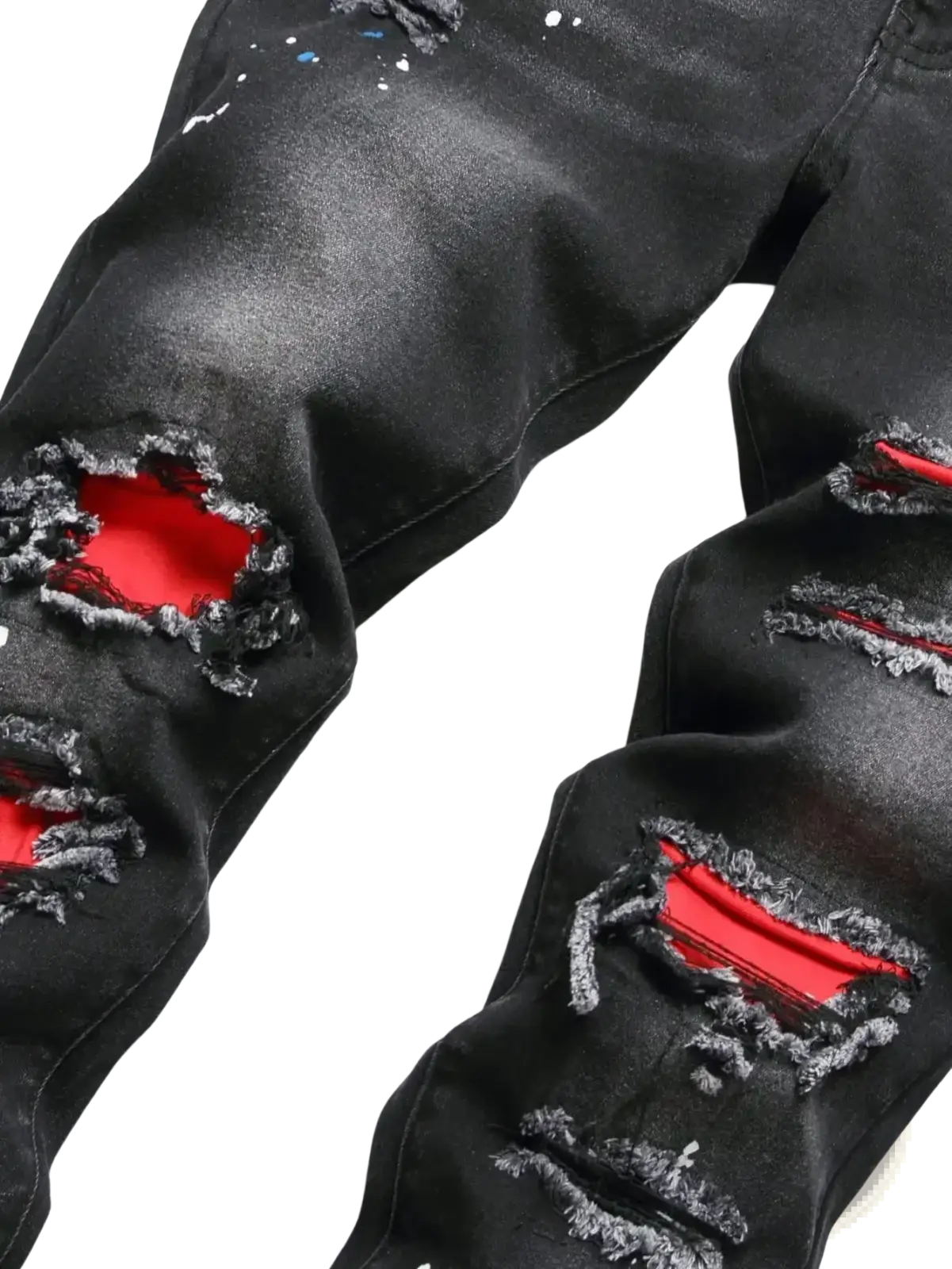 Men Y2k stretchy skinny ripped black denim jeans with red inner lining and paint splatter accents in distressed style