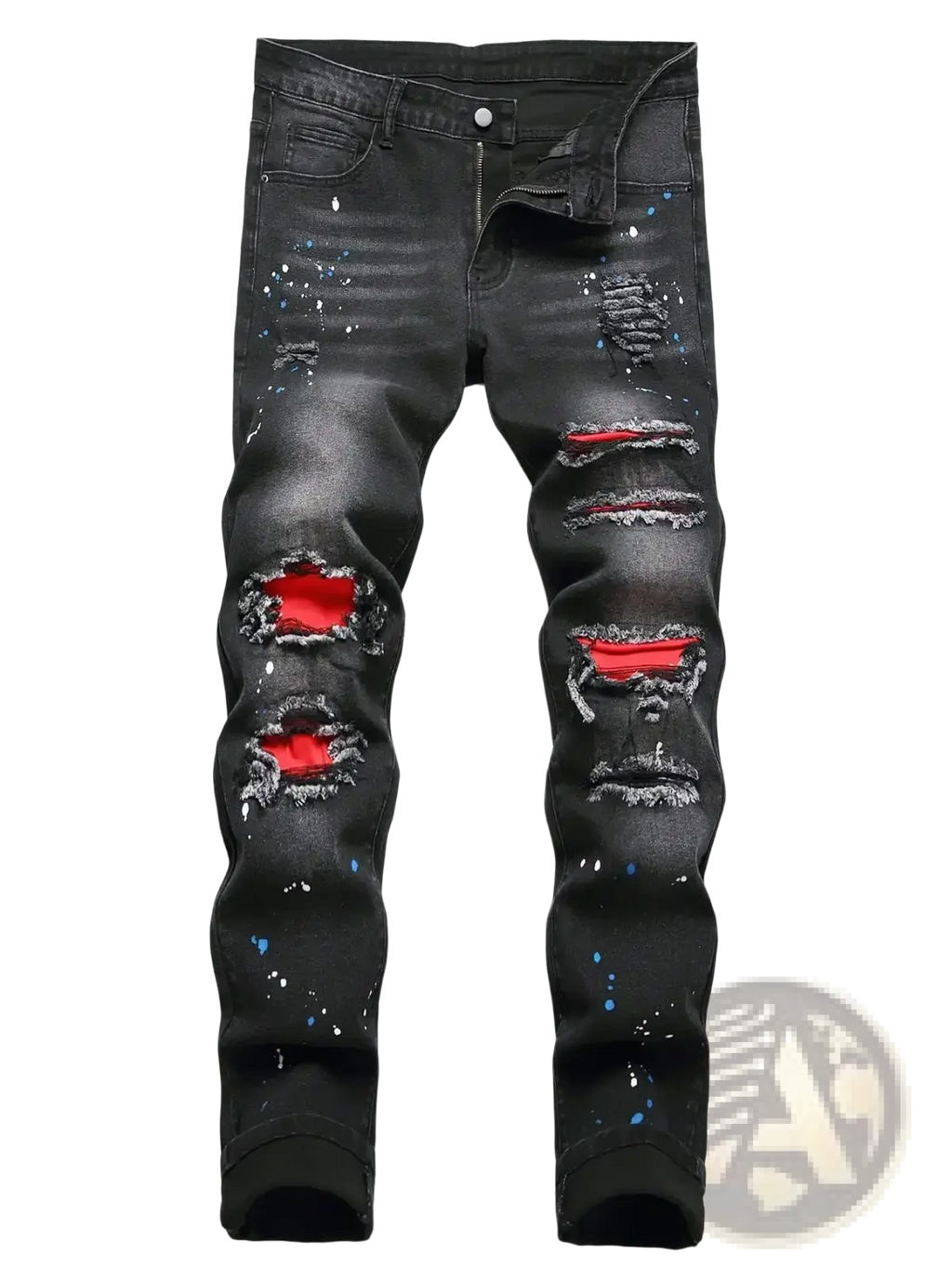 Men y2k stretchy skinny ripped black denim jeans with red inner lining and blue paint splatter accents