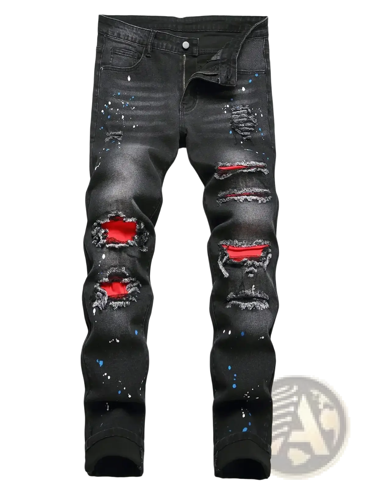 Men y2k stretchy skinny ripped black denim jeans with red inner lining and blue paint splatter accents