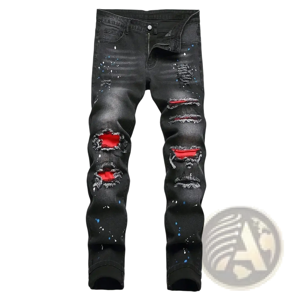 Men y2k stretchy skinny ripped denim jeans in black with distressed details bold red inner lining and blue paint splatters