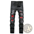 Men y2k stretchy skinny ripped denim jeans in black with distressed details bold red inner lining and blue paint splatters