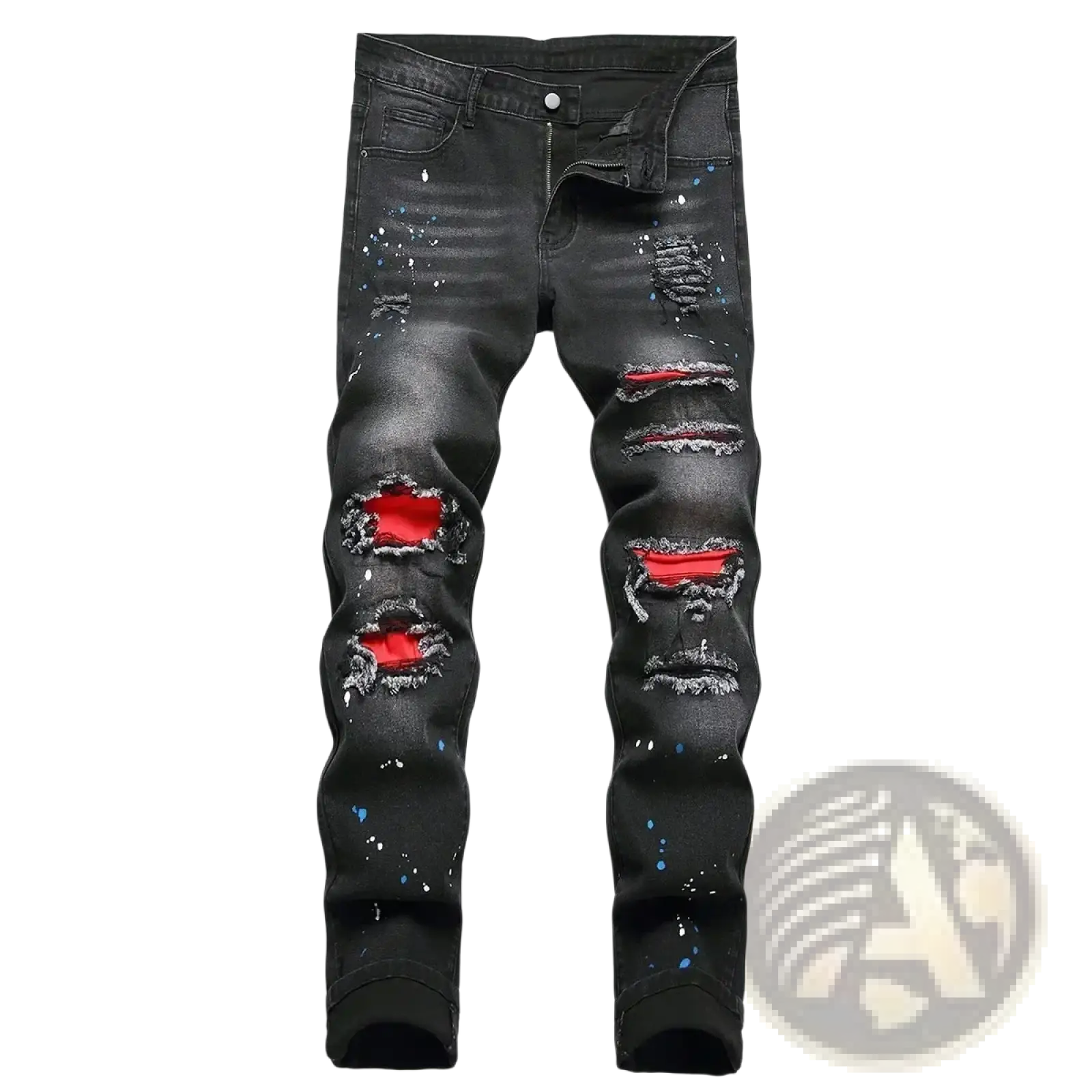 Men y2k stretchy skinny ripped denim jeans in black with distressed details bold red inner lining and blue paint splatters