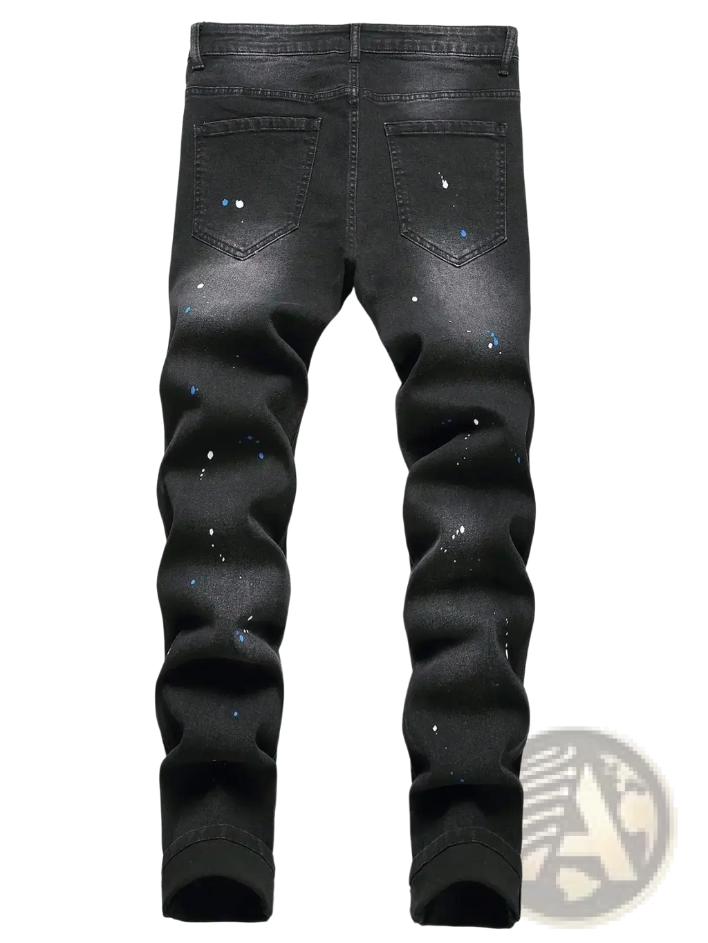 Men y2k stretchy skinny ripped denim jeans in black with slim fit and scattered blue paint splatter accents