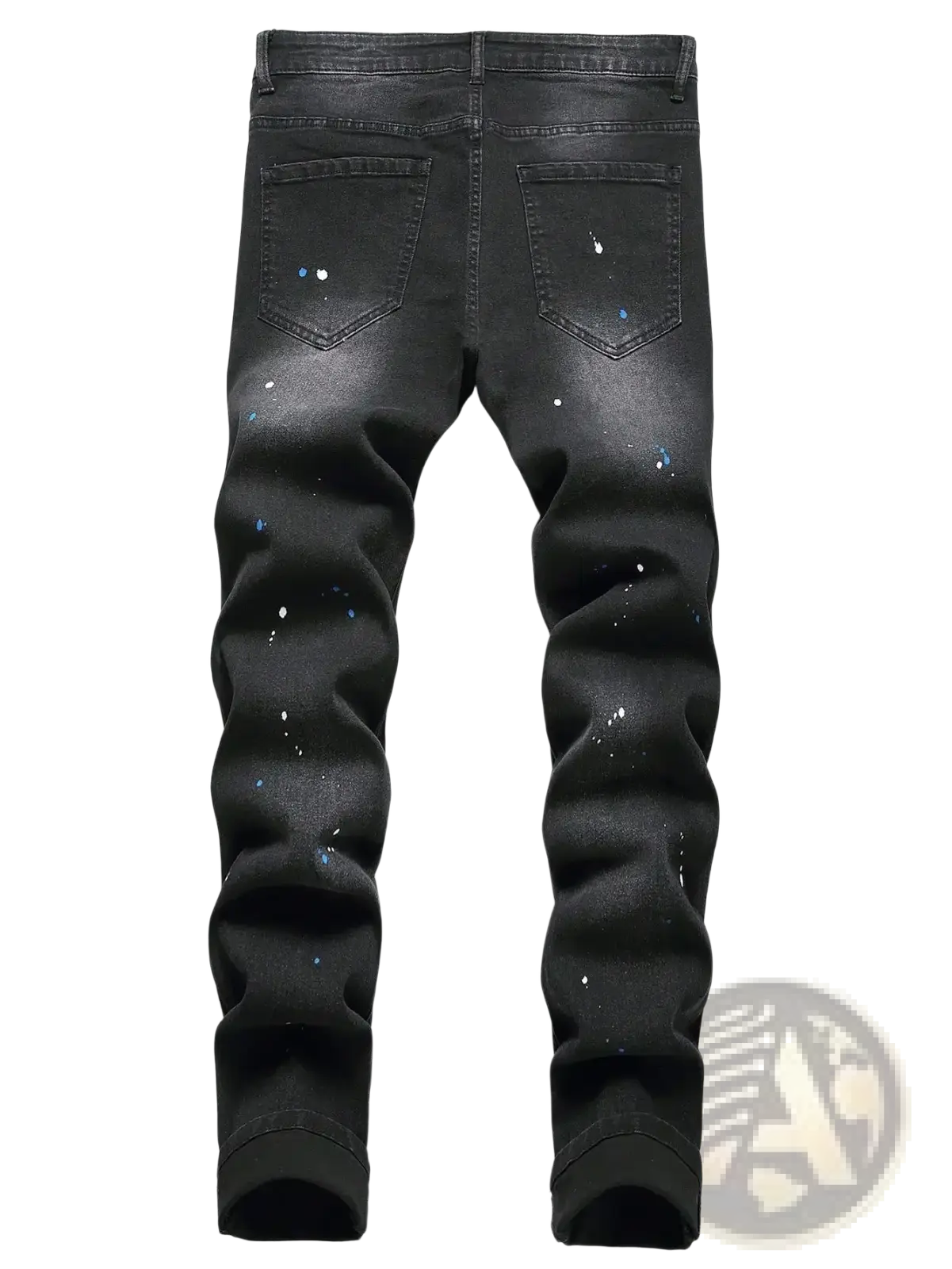 Men y2k stretchy skinny ripped denim jeans in black with slim fit and scattered blue paint splatter accents