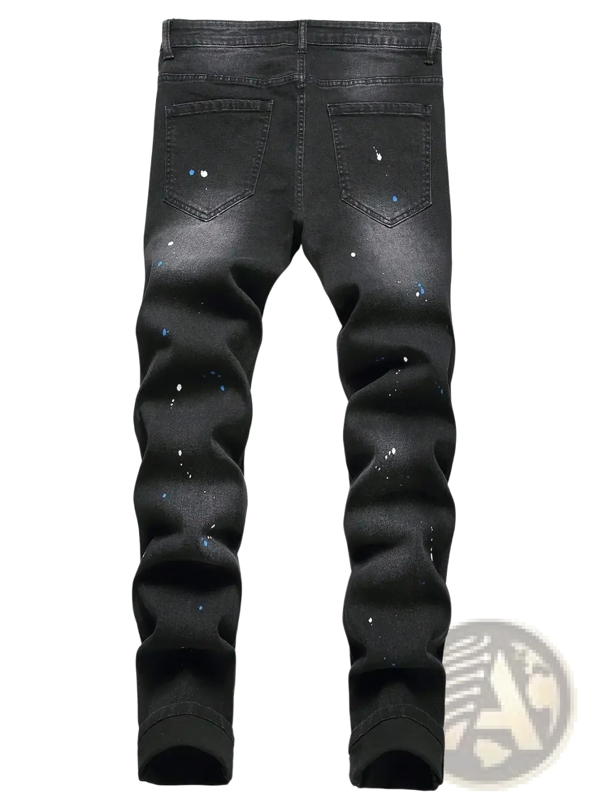 Men Y2k stretchy skinny ripped denim jeans in black with blue paint splatter accents and slim fit design