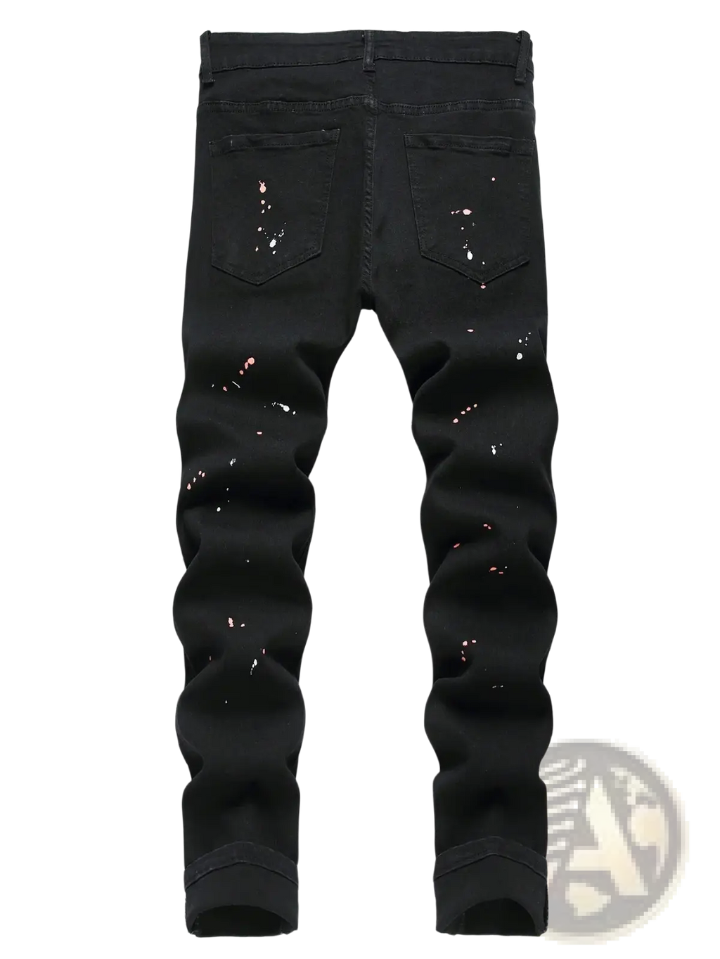 Men y2k stretchy skinny ripped black denim jeans with white and pink paint splatter accents