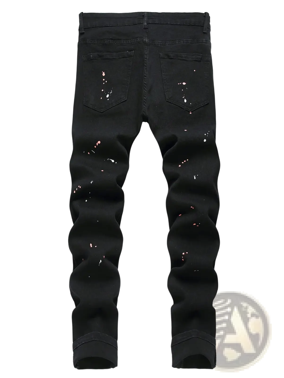 Men y2k stretchy skinny ripped black denim jeans with white and pink paint splatter accents