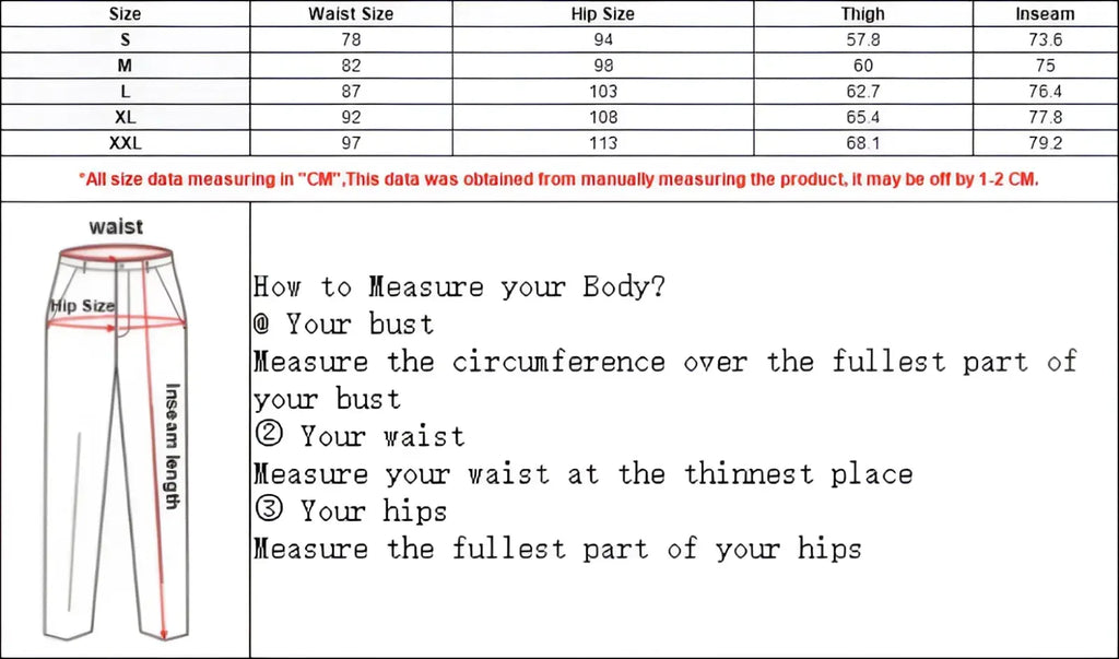 Size chart and measurement guide for men y2k stretchy skinny ripped denim jeans showing waist hip thigh inseam sizes s to xxl