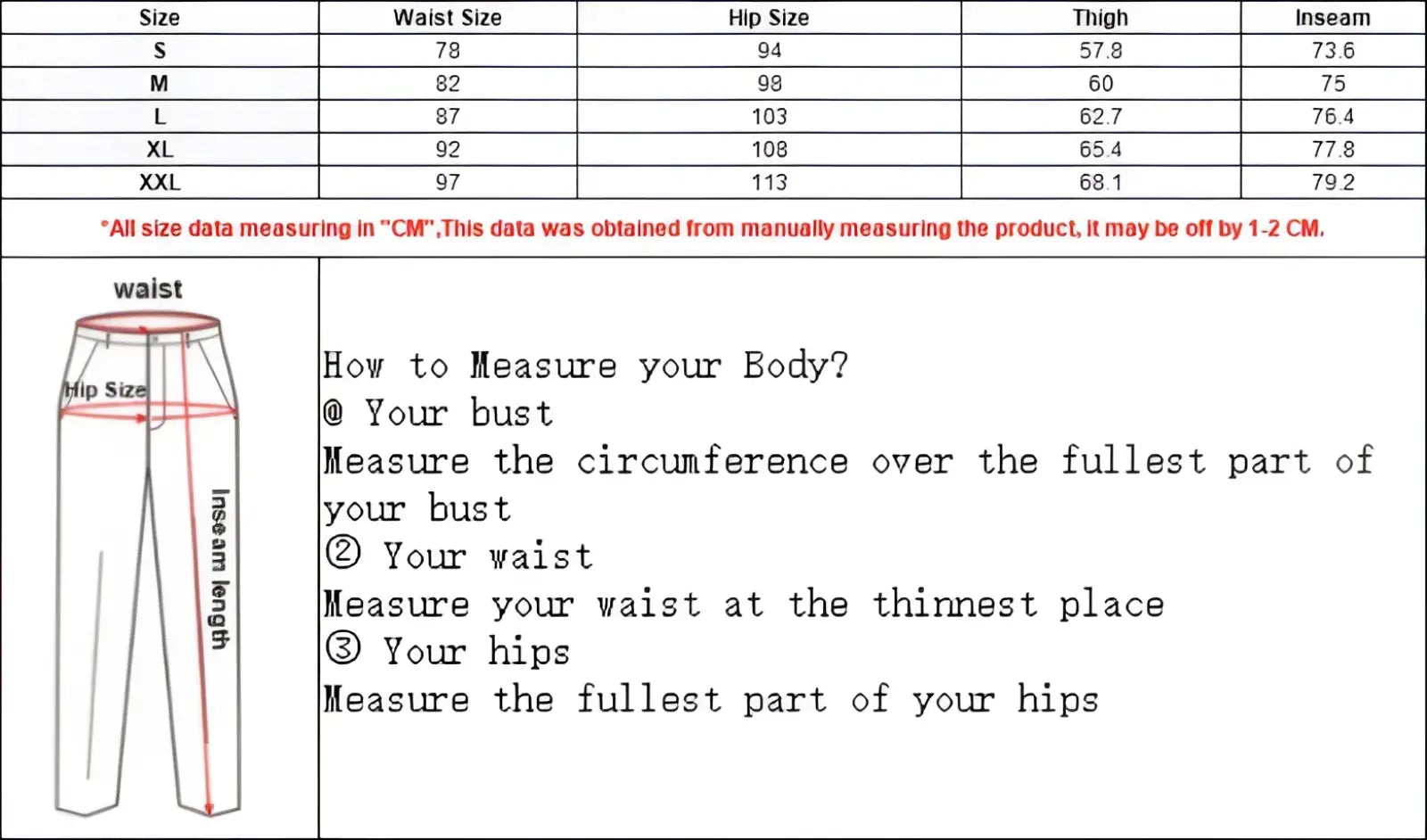 Size chart and measurement guide for men y2k stretchy skinny ripped denim jeans showing waist hip thigh inseam sizes s to xxl