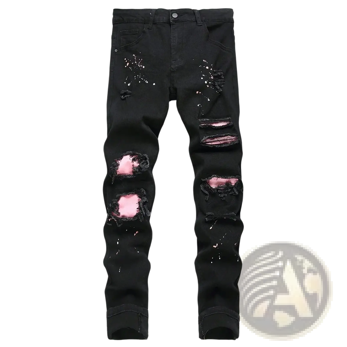 Men Y2k stretchy skinny black distressed denim jeans with multiple ripped patches, pink inner lining, and white paint splatter accents