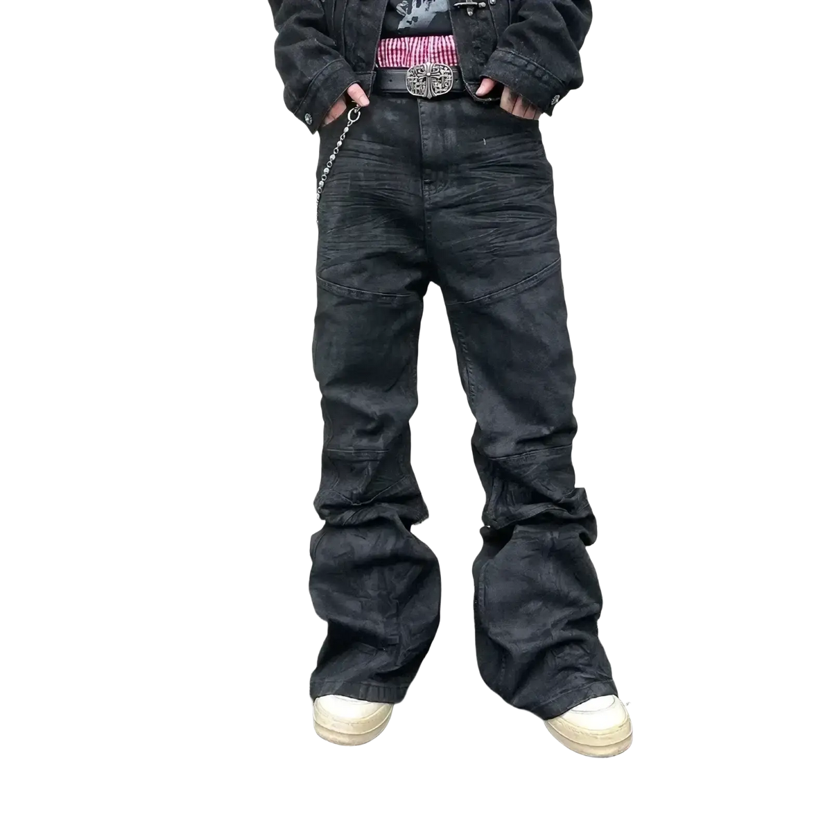 Men y2k vintage black denim jeans with distressed faded look and reinforced stitching details for casual wear