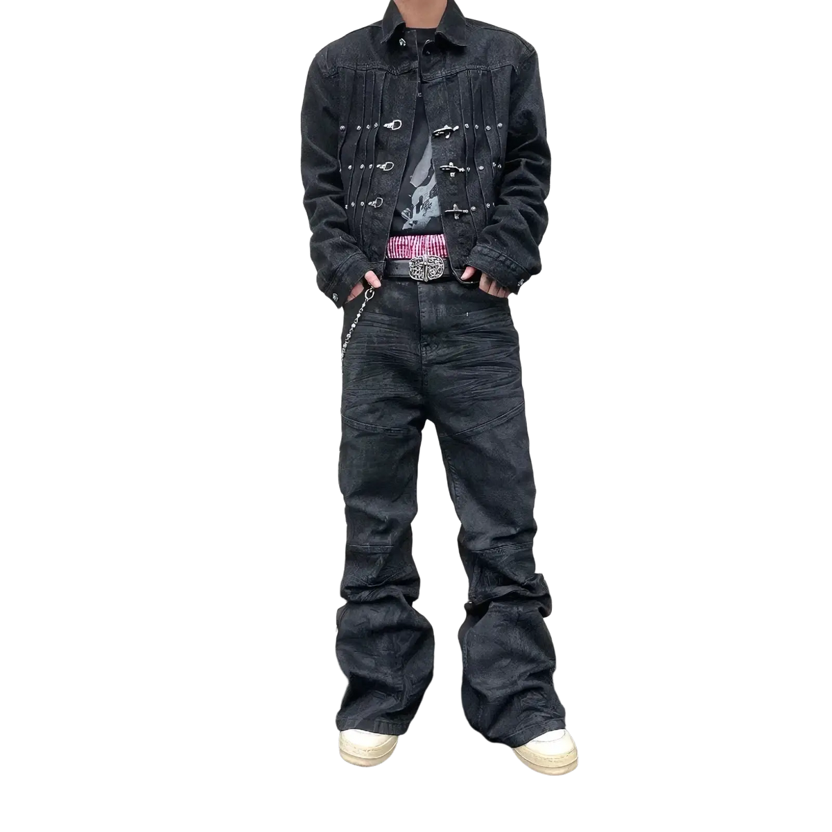 Men Y2k vintage stacked denim jeans paired with black denim jacket featuring silver buttons and decorative stitching details