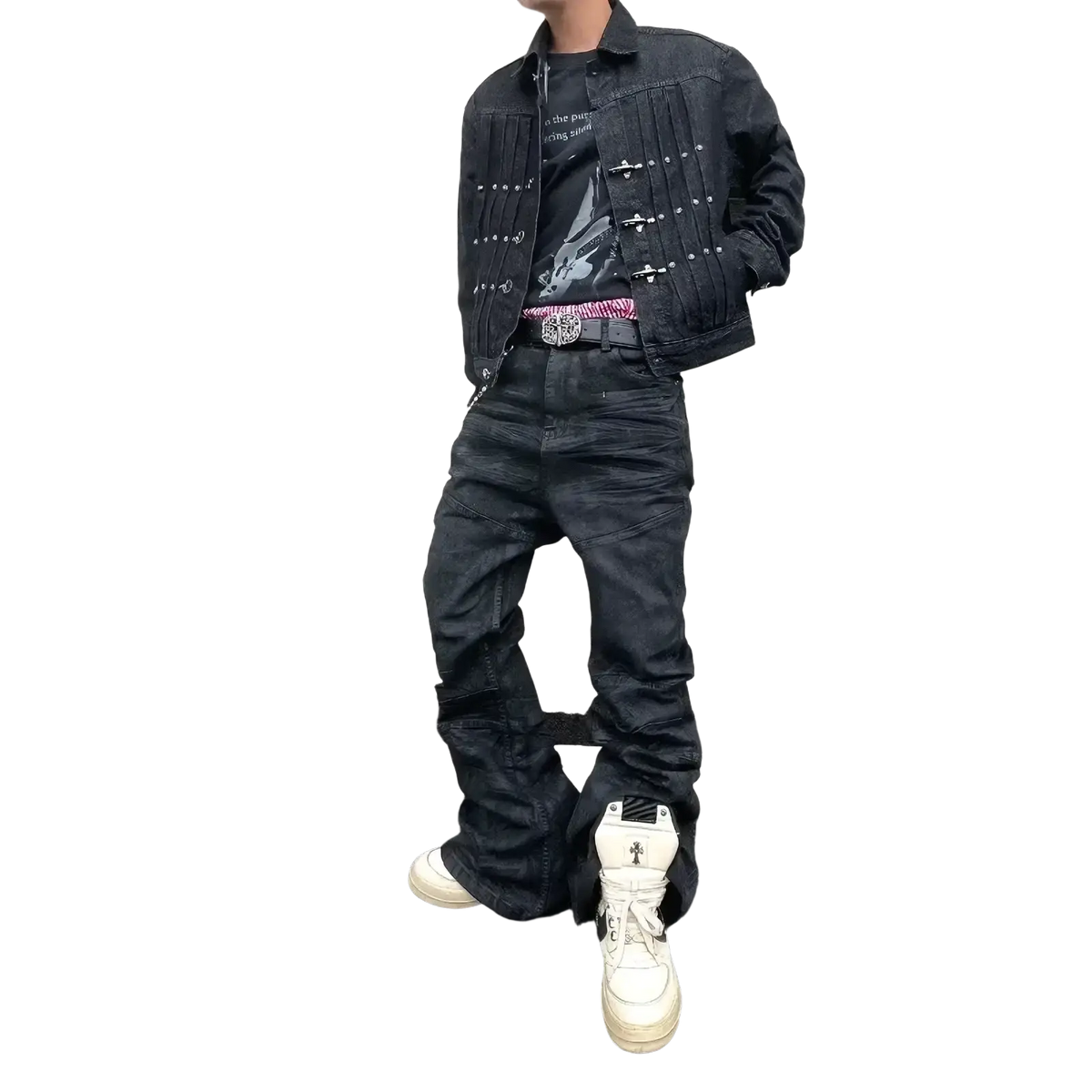 Black denim jacket with silver studs and flap pockets for men y2k vintage style and stacked denim jeans look