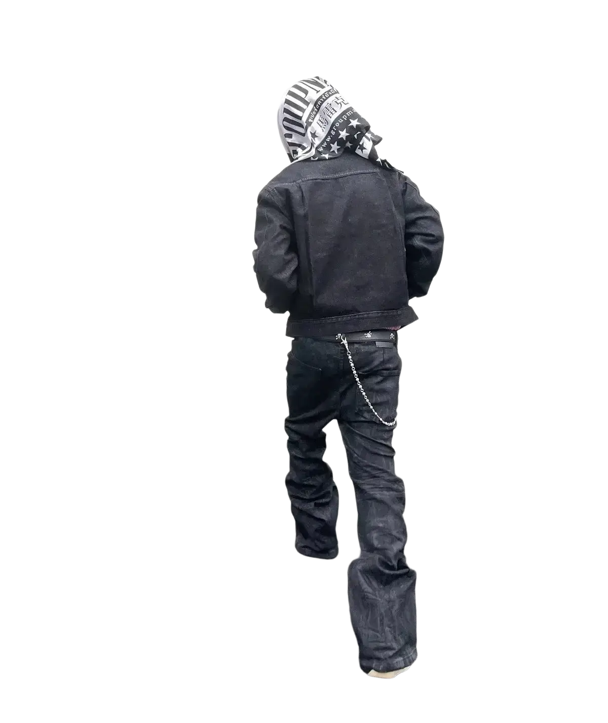 Men y2k vintage black denim jacket with hood and star-patterned bandana for a stylish y2k vintage look