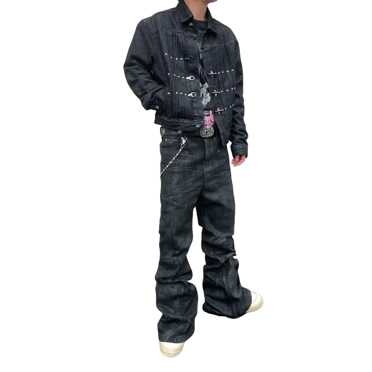 Men y2k vintage black denim jacket with silver studs and zipper details for a bold retro style look