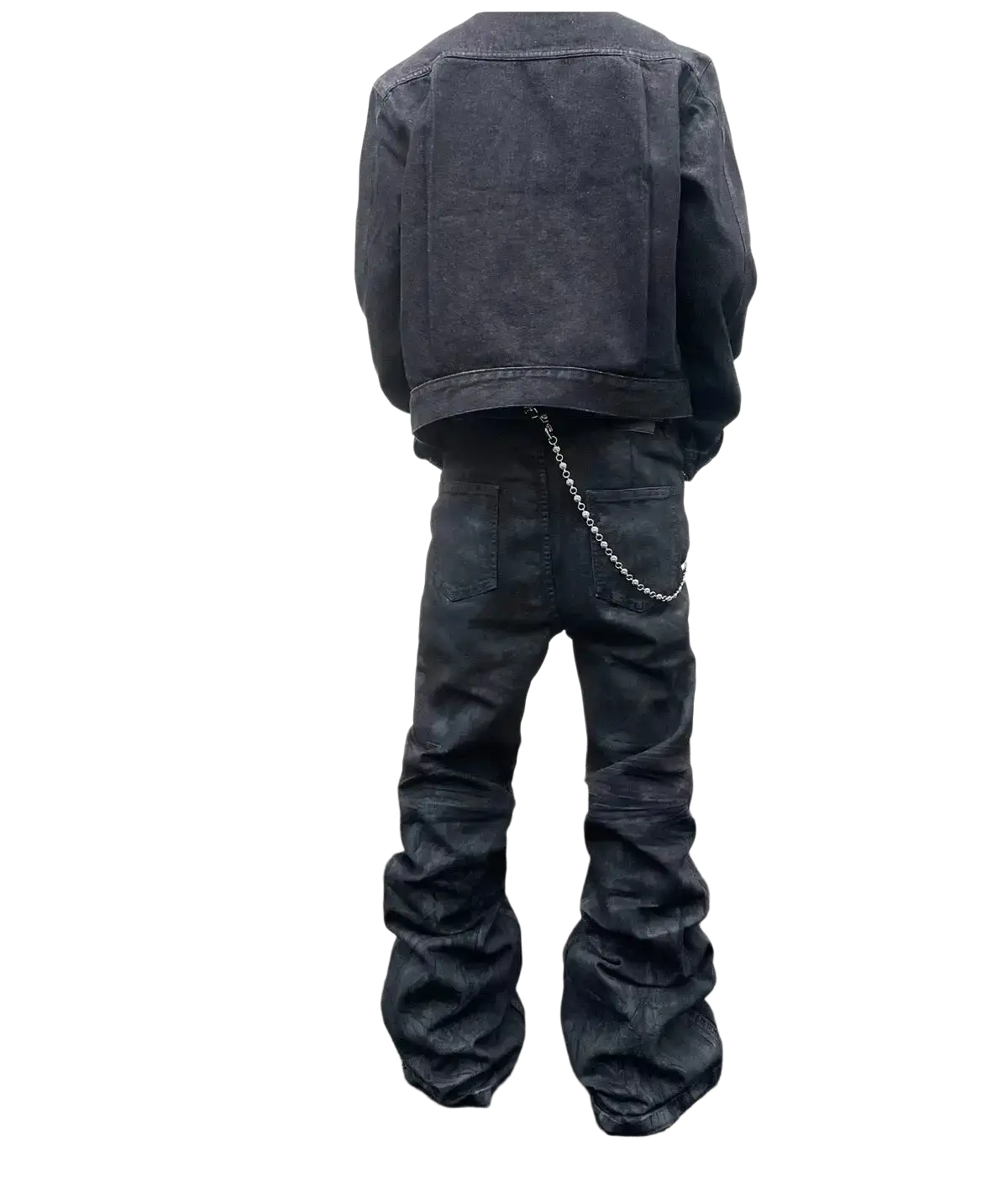 Back side of a black denim jacket with a chain on the pocket for men y2k vintage stacked denim jeans look