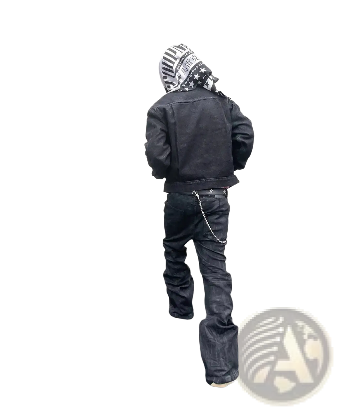 Men y2k vintage stacked denim jeans styled with a black denim jacket featuring a chain belt loop and star-patterned headscarf