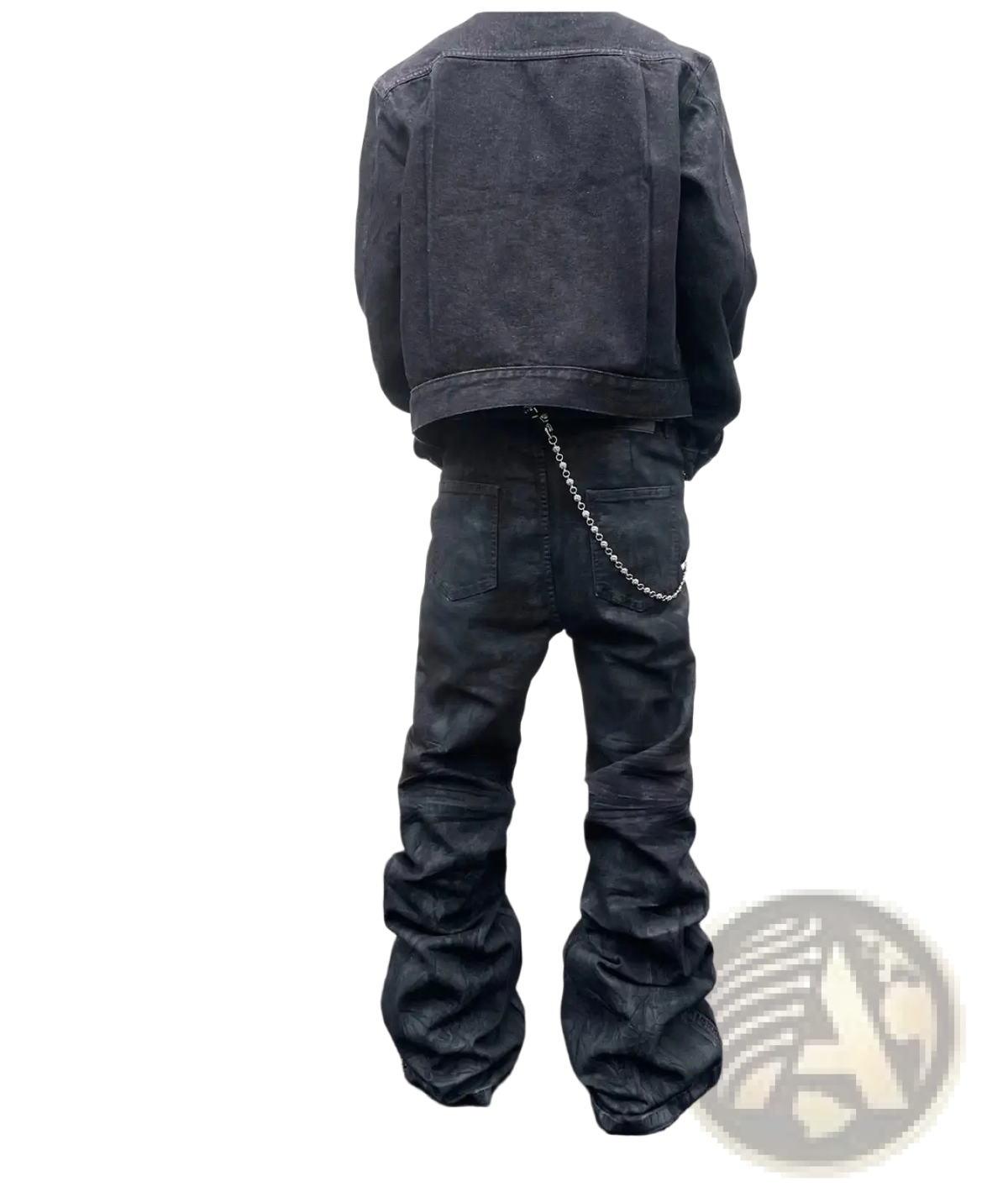 Back side of black denim jacket with chain detail at the back pocket paired with men y2k vintage stacked denim jeans