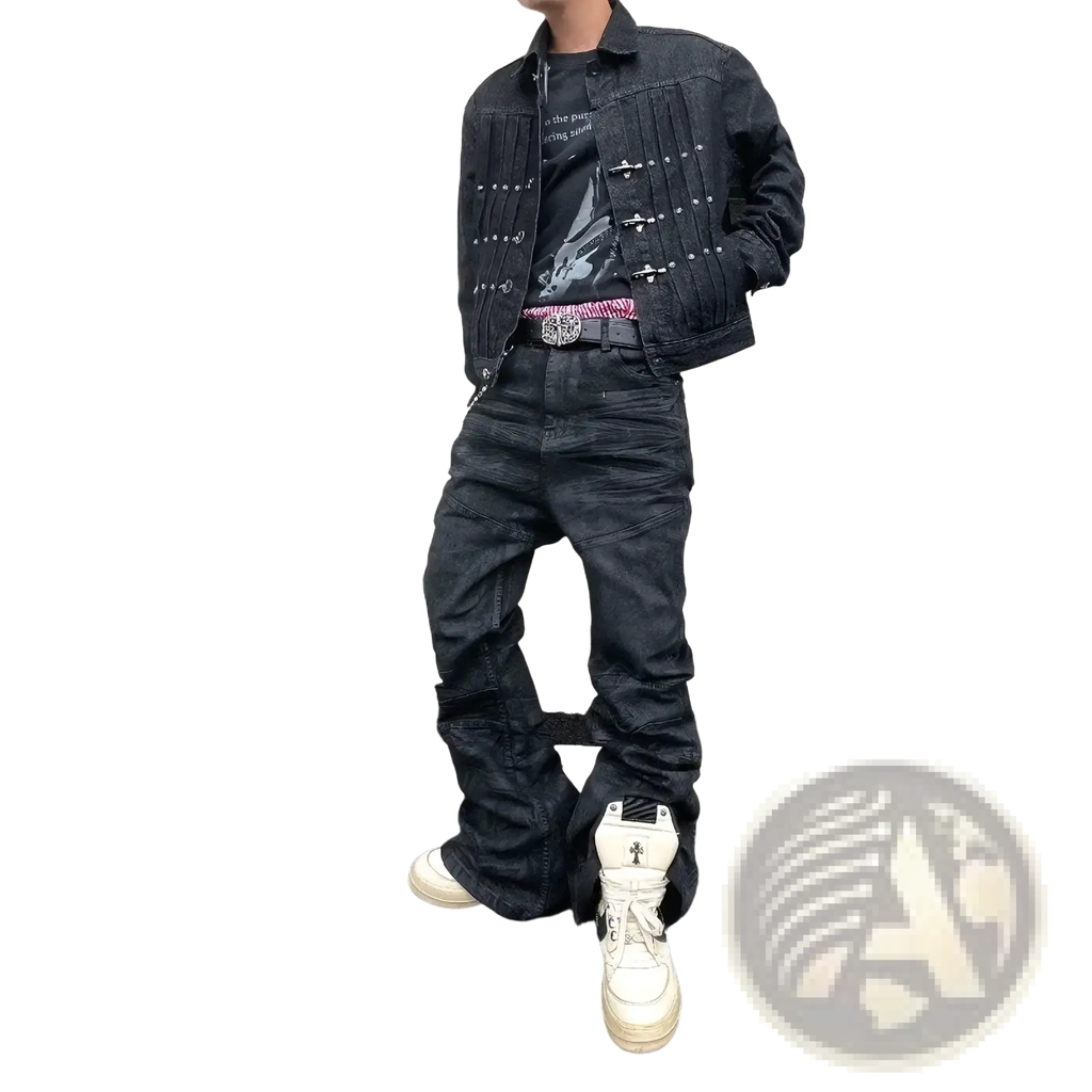 Black denim jacket with silver studs and flap pockets paired with men Y2k vintage stacked denim jeans product image