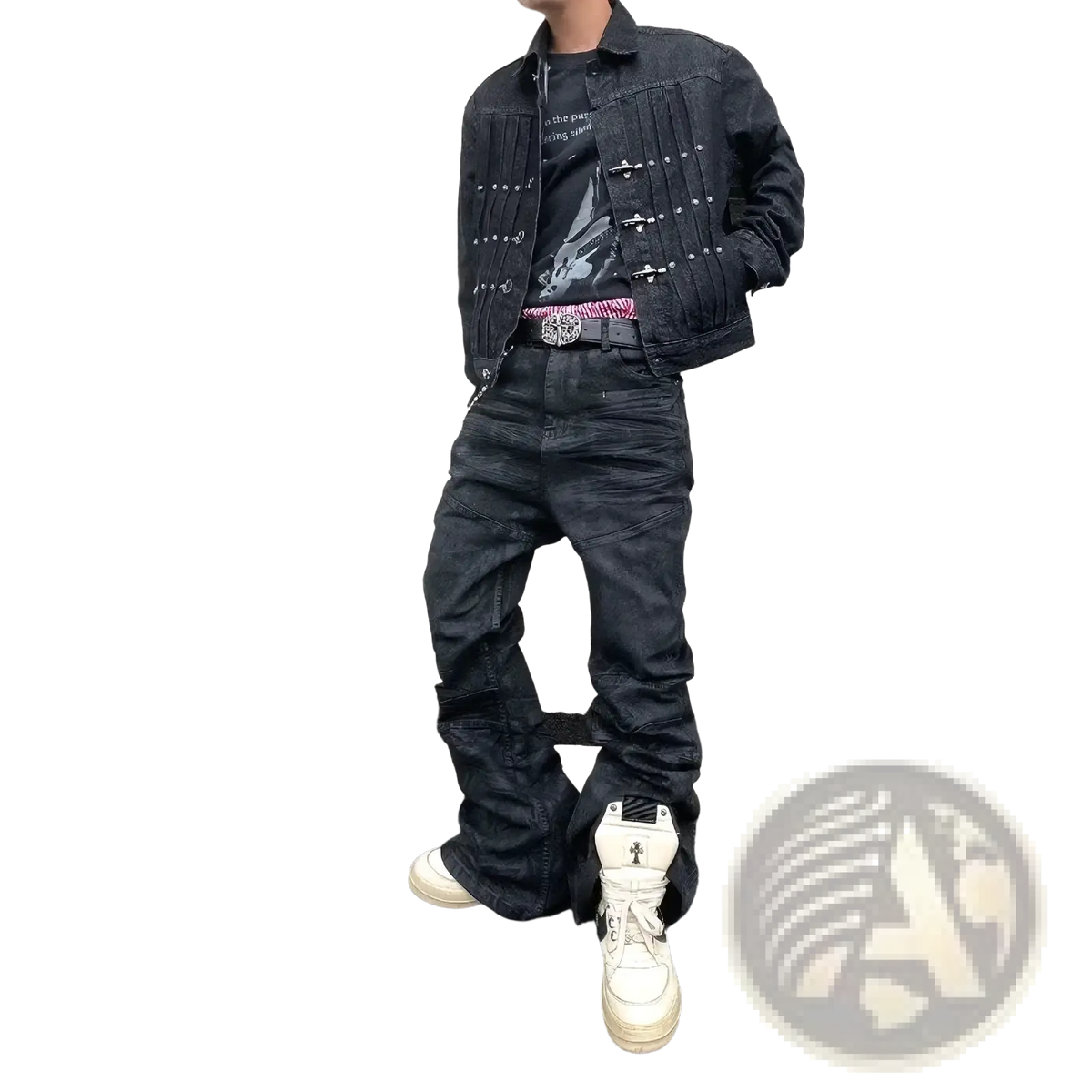 Black denim jacket with silver studs and flap pockets paired with men Y2k vintage stacked denim jeans product image