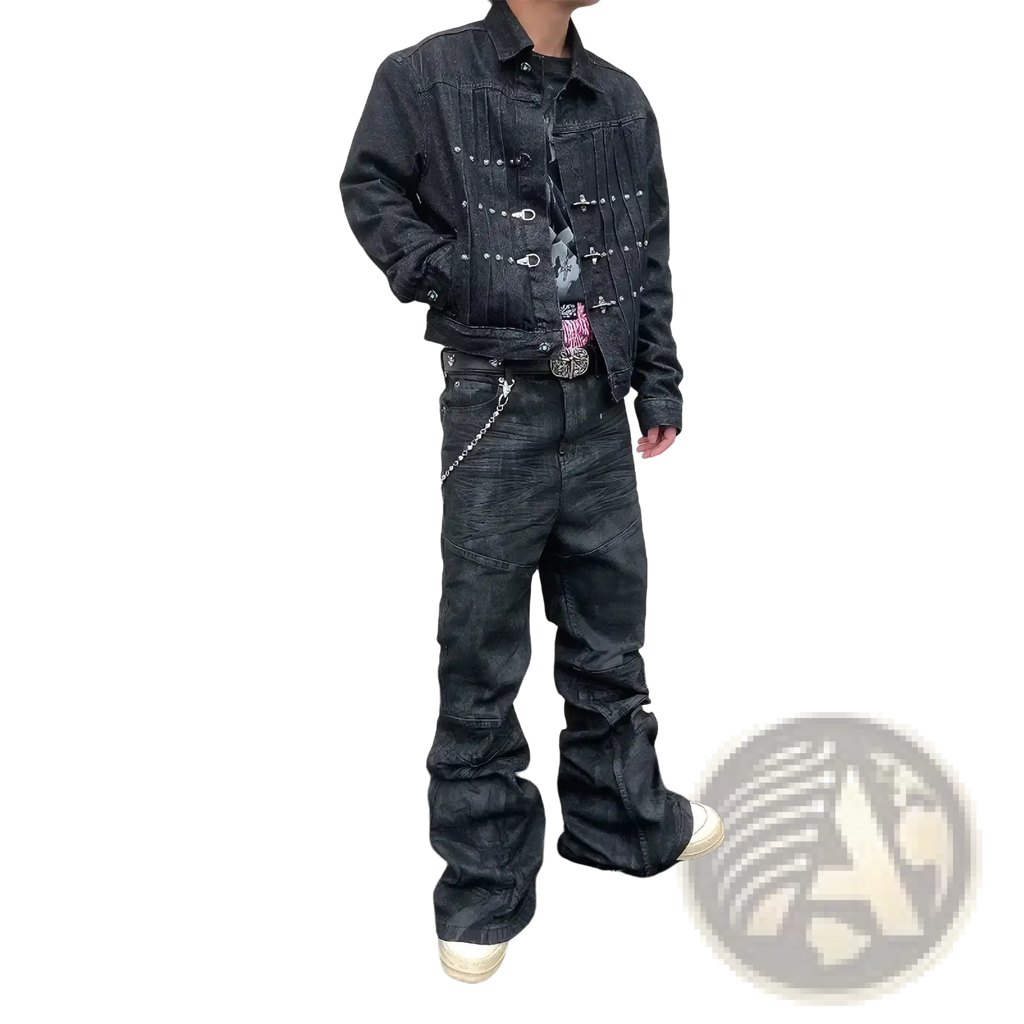Black denim jacket with silver metal hardware and decorative studs along the front placket for men y2k vintage style