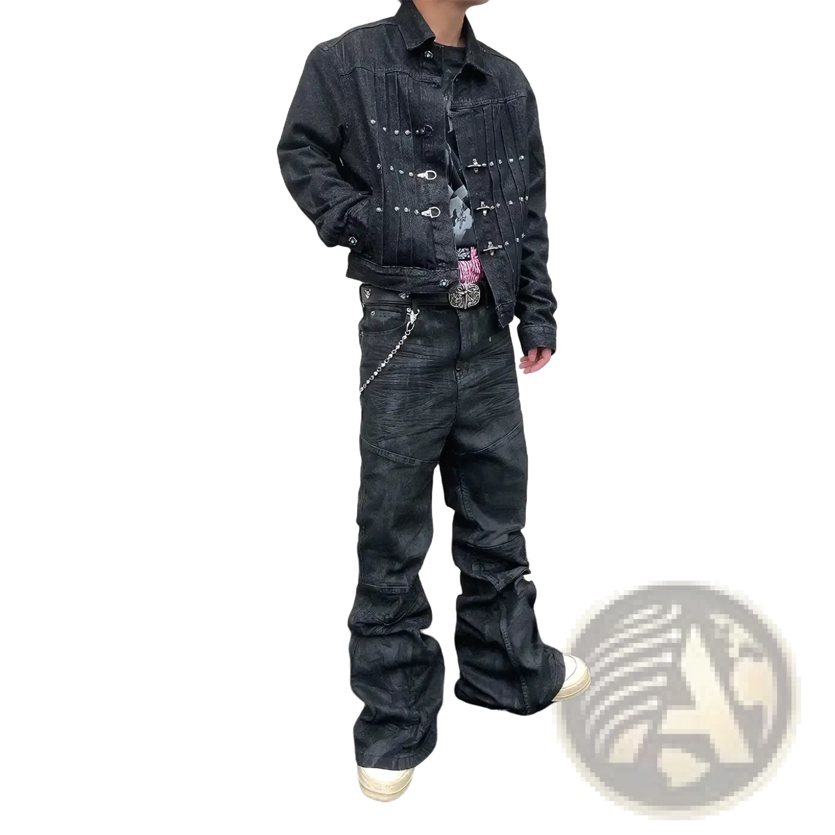 Black denim jacket with silver metal hardware and decorative studs along the front placket for men y2k vintage style