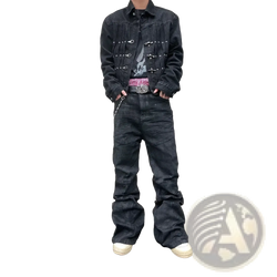 Men Y2k vintage stacked denim jeans paired with black denim jacket featuring silver buttons and decorative stitching details