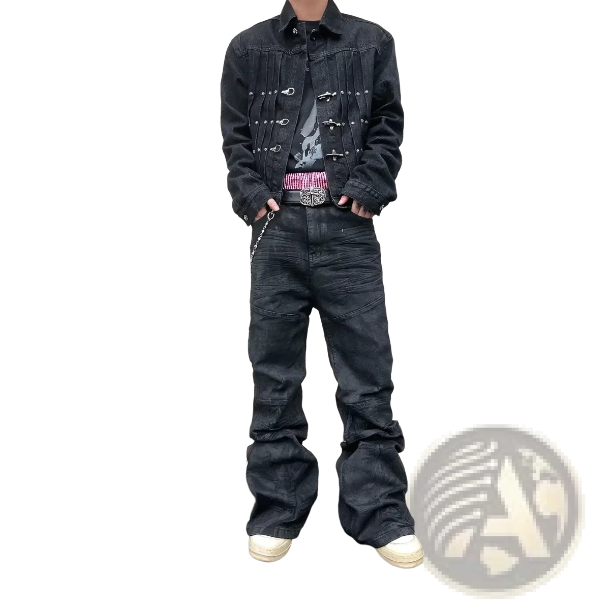 Men Y2k vintage stacked denim jeans paired with black denim jacket featuring silver buttons and decorative stitching details