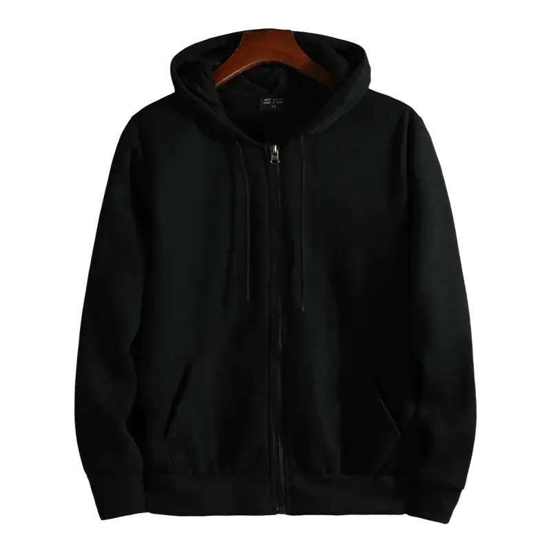 Black zip-up hooded sweatshirt for men made of cotton blend with front zipper and two side pockets for casual wear