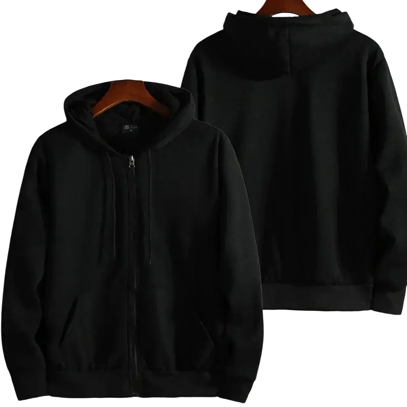 Men zip up hooded sweatshirt in black cotton blend with front zipper and two side pockets for casual wear