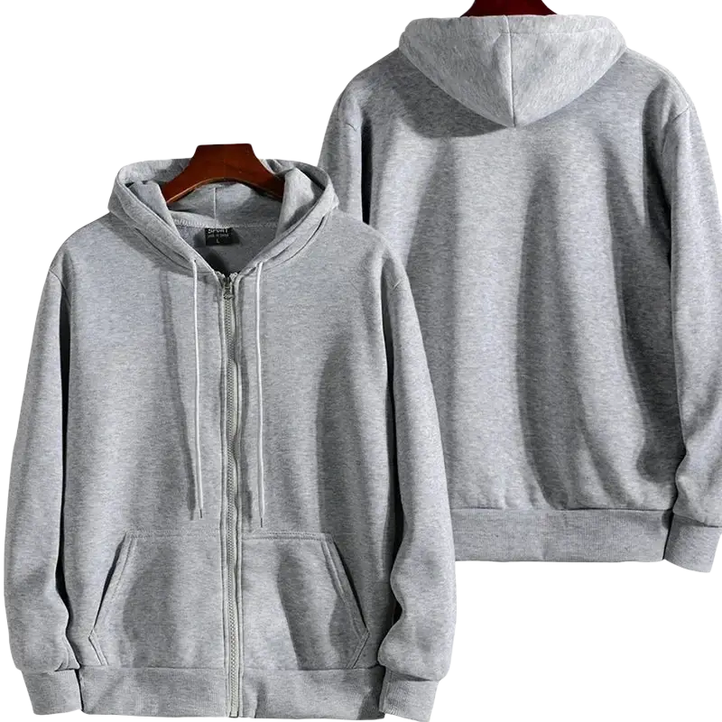 Men zip up hooded sweatshirt cotton blend in gray with soft heathered texture and matching drawstrings for casual wear