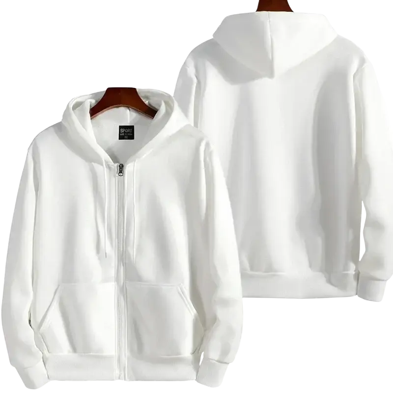 Men zip up hooded sweatshirt in white cotton blend with smooth fabric and two front pockets for casual wear