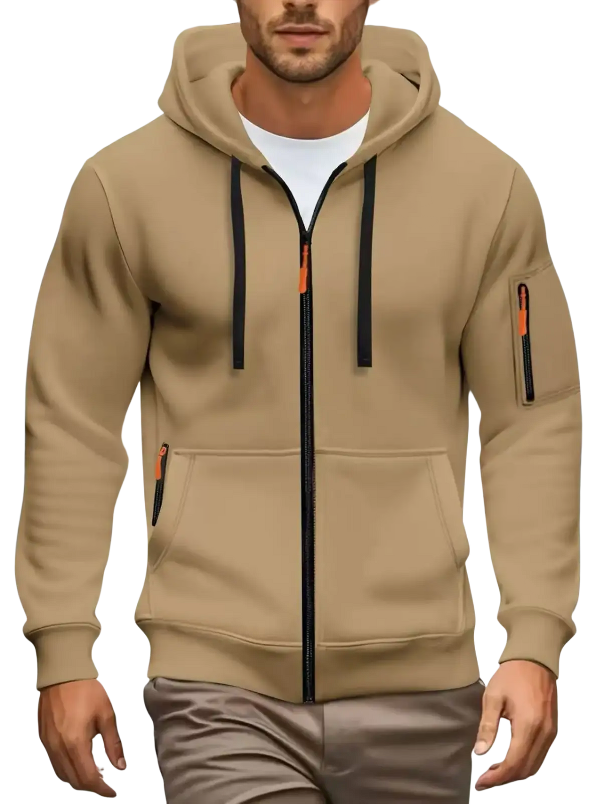 Beige men zip up hoodie with black drawstrings and orange zipper pulls casual fall winter sweatshirt