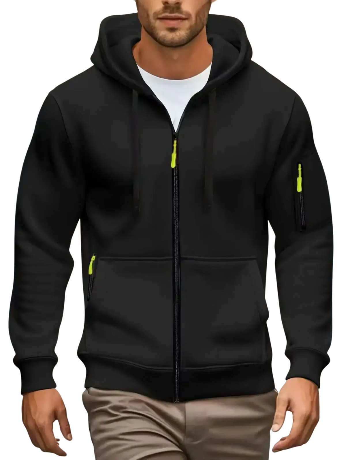 Men zip up hoodie in black with neon green zipper pulls and sleeve accents for casual fall winter wear