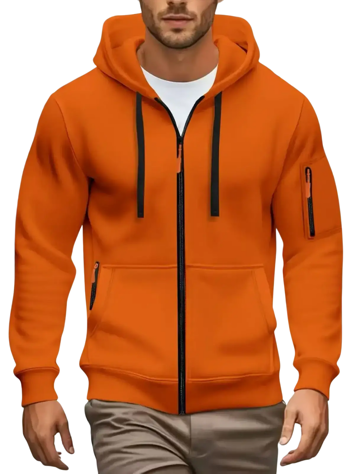 Men zip bright orange casual fall winter zip up hoodie with black drawstrings zipper accents front pocket and sleeve patch